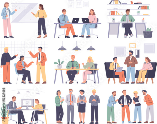 Business people working in modern office scenes, team meetings, collaboration and presentation activities flat vector illustration set