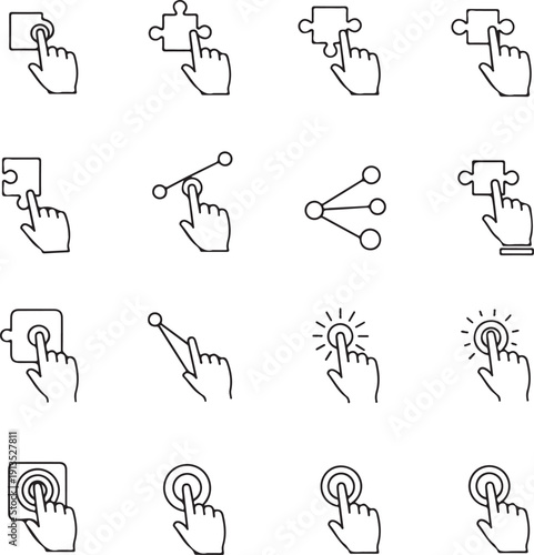 A black and white line icon set featuring various hand gestures, specifically a finger touching or clicking on jigsaw puzzle pieces, circular targets, and connecting nodes.