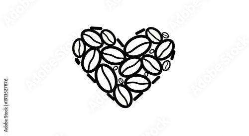 Heart shape made of coffee beans, love for coffee concept, black and white illustration