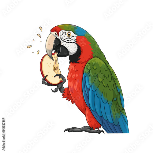 Vibrant macaw parrot eating fresh apple with colorful plumage