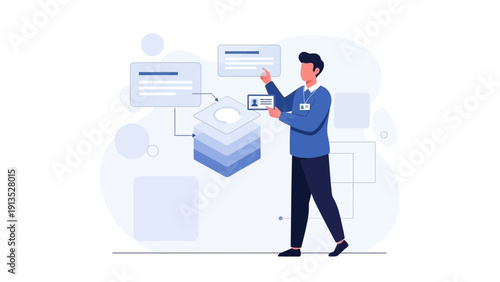 Man interacting with data and information flow, business process illustration