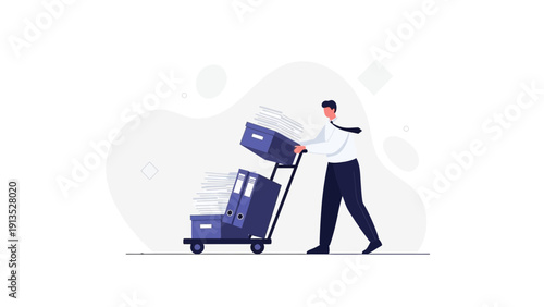 Businessman Pushing Cart with Boxes and Files - Office Logistics and Delivery Concept