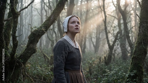 Young Puritan settler in simple bonnet and muted dress gazing upward in a foggy woodland with sunbeams, cinematic mood and negative space for historical storytelling.