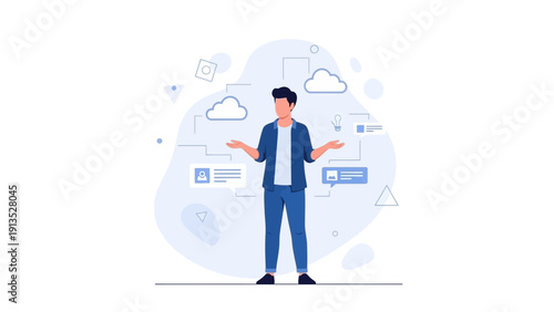 Man Shrugging With Cloud Icons and Digital Interface Elements