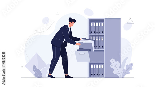 Businesswoman organizing files in office cabinet, data management concept