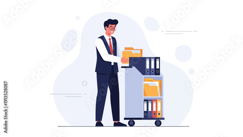 Office worker organizing documents on a trolley, business administration concept