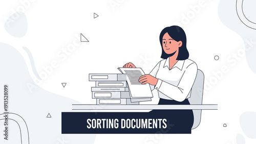 Businesswoman sorting documents at desk, office work, paperwork organization