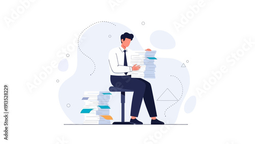 Man Overwhelmed by Paperwork, Sitting with Piles of Documents