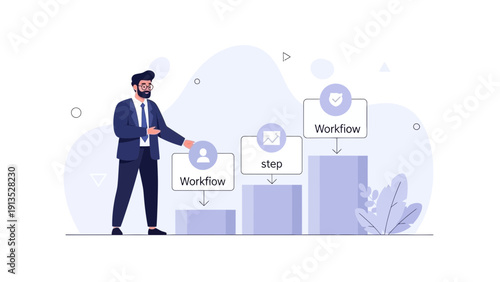 Business Workflow Process Steps with Businessman Illustration