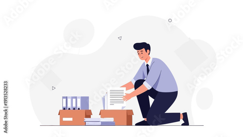 Man Organizing Paperwork in Cardboard Boxes, Business Organization Concept