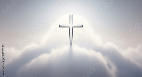 Silver Christian Cross Rising Above Cloudy Sky with Divine Light