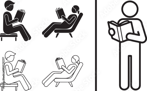 A black and white collection of educational icons featuring diverse people reading, graduation caps, lightbulbs for ideas, and various academic tools representing study, research, and knowledge.