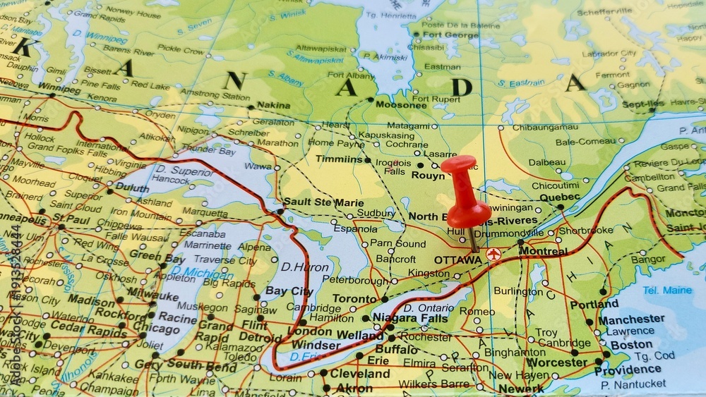 Fototapeta premium View of Ottawa, is the capital city of Canada. It is located in the southern portion of the province of Ontario, on a geographical map of America, marked with red push pin