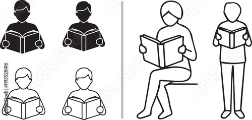 A collection of minimalist vector icons focused on education and literacy, featuring diverse figures reading books, academic tools like globes, and symbols of graduation and scientific study.