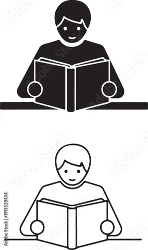 A black and white collection of educational icons featuring diverse people reading, graduation caps, lightbulbs for ideas, and various academic tools representing study, research, and knowledge.