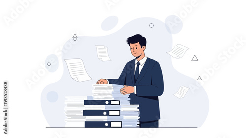 Businessman Organizing Stacks of Paperwork and Documents, Office Work