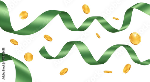 Falling green banners and golden coins isolated on white,  An illustration showing several green banners and shiny golden coins falling and floating against a solid white background