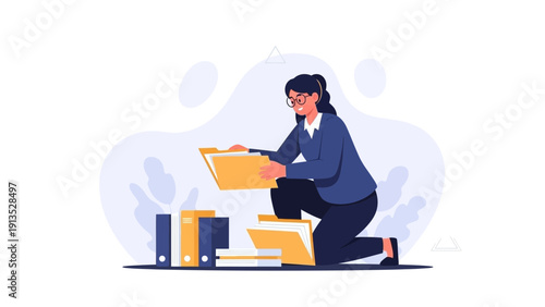Woman Organizing Files in Folders, Business Document Management Concept