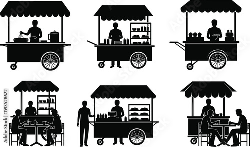 Street food cart vendor silhouettes mobile market stall black vector illustration isolated on white background urban business concept