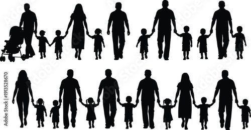 Family silhouettes holding hands walking together parents children stroller black vector illustration isolated on white background unity concept