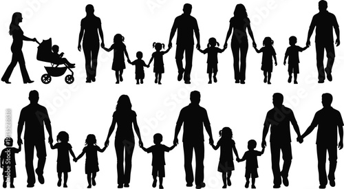 Family silhouettes walking together holding hands parents children stroller black vector illustration isolated on white background concept unity love