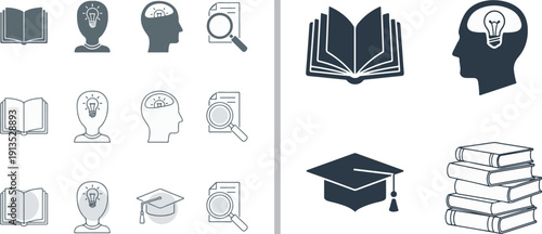 A collection of minimalist vector icons related to education and literacy. It features diverse figures reading, stacks of books, graduation caps, and digital reading devices in black and white.