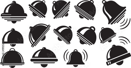 Food Service Icons Set with Cloche and Bell Symbols