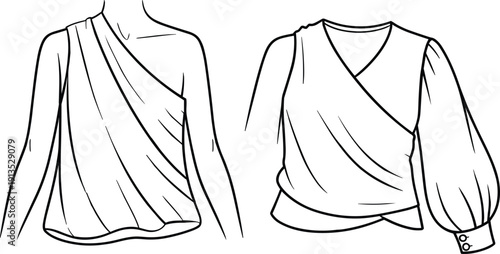 Black and white line of two draped blouses line black and white fashion clothing garments
