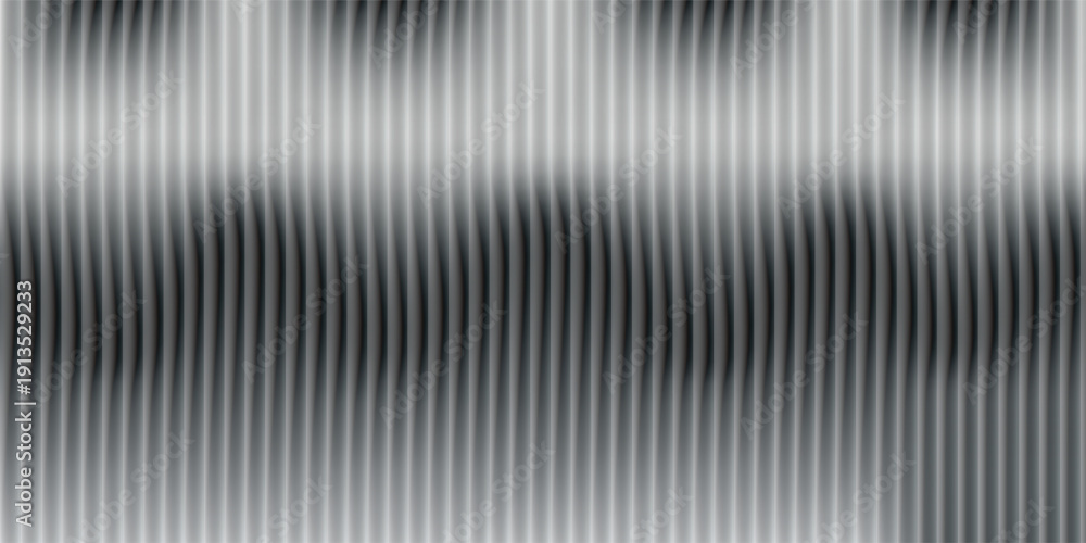 Fototapeta premium Corrugated metal texture with ribbed glass background and steel sheet pattern. Abstract window in silver and white 3D with fluted panel stripes. Premium wall ripple with blur, gradient light.