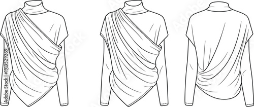 Black and white of three views of a draped garment on mannequins