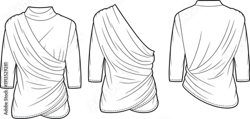 Black and white of three views of a draped long sleeved tunic long sleeves
