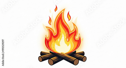 Vibrant campfire burns with bright orange and yellow flames on wooden logs in a cozy outdoor setting