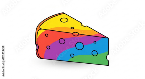 Vibrant rainbow cheese wedge with colorful swirls and holes on white background