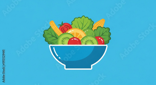 Fresh fruit salad in a blue bowl on a light blue background with kiwi strawberries and leafy greens for a healthy eating concept