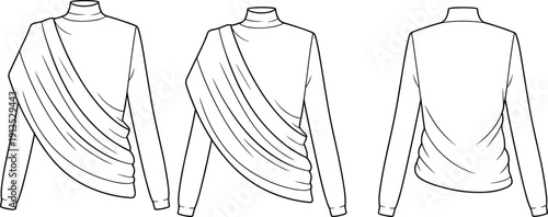Black and white of three views of a long sleeved turtleneck shirt with draped fabric