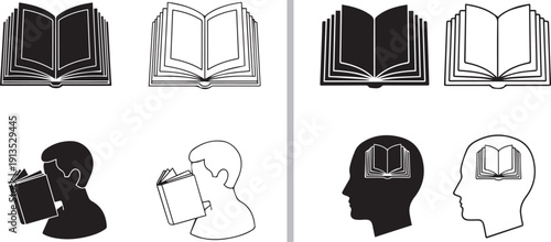 A collection of minimalist black and white vector icons focused on education, featuring people reading, open books, graduation caps, and academic tools like globes and microscopes.