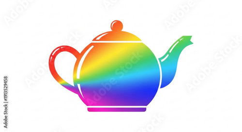 Vibrant rainbow colored teapot with white outline on plain background