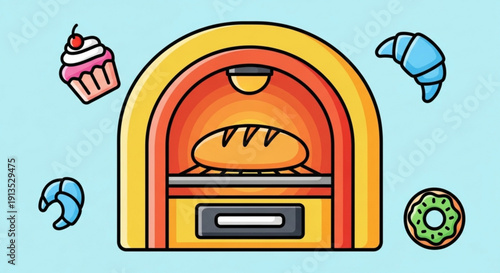 Colorful illustration of bread baking in oven surrounded by pastries and desserts on light blue background