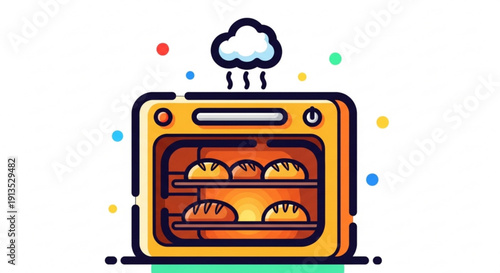 Baking illustration of oven with freshly baked bread warm lighting and colorful background elements