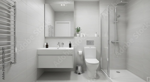 Modern Minimalist White Bathroom with Floating Vanity and Sleek Shower.