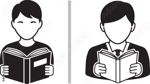 A black and white vector set featuring two stylized male figures focused on reading books, emphasizing literacy, formal education, professional study, and the quiet pursuit of knowledge.