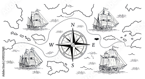 Vintage Pirate Map with Sailing Ships and Compass Rose