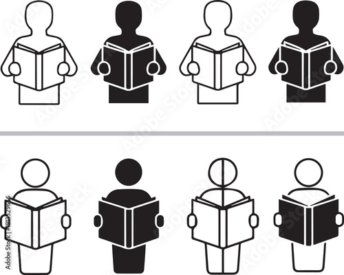 A collection of minimalist black-and-white vector icons depicting people in various poses reading books, alongside symbols like eyeglasses and bookmarks, representing literacy and study.