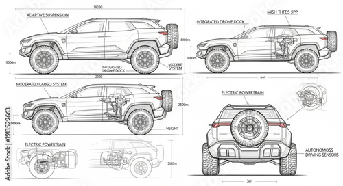 Automotive design blueprint for a rugged SUV concept vehicle.