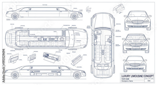 Detailed Blueprint of a Luxury Stretch Limousine Vehicle.