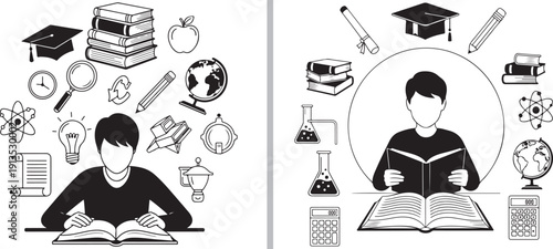 A black and white vector illustration of a student reading an open book, surrounded by various academic icons like a globe, graduation cap, lightbulb, and science tools, representing learning.