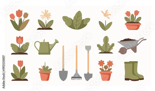 Cartoon spring garden vector collection with flowers plants and gardening equipment isolated on white background