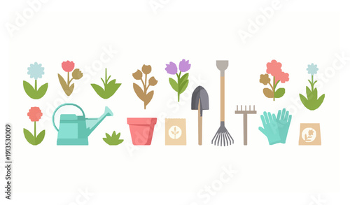 Spring garden flat vector set with flowers plants and garden tools isolated on white background
