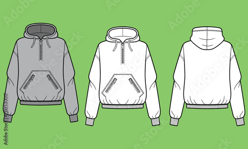Three hooded sweatshirts in gray and white on green gray sweatshirt white sweatshirts green background
