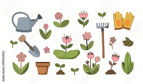 Cute spring garden vector set with flowers plants and garden care tools isolated on white background
